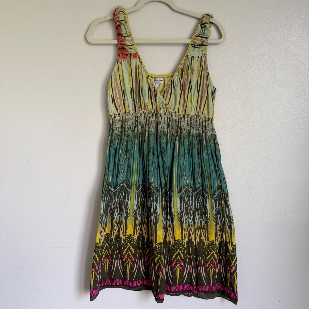 Y2K Ash & Sara M‎ Cotton Smocked Waist Abstract Print Boho Summer HippieDress